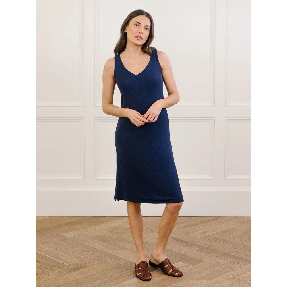 Cozy Earth Women’s Bamboo Rib Knit V-Neck Tank Lounge Dress in Navy Size XL